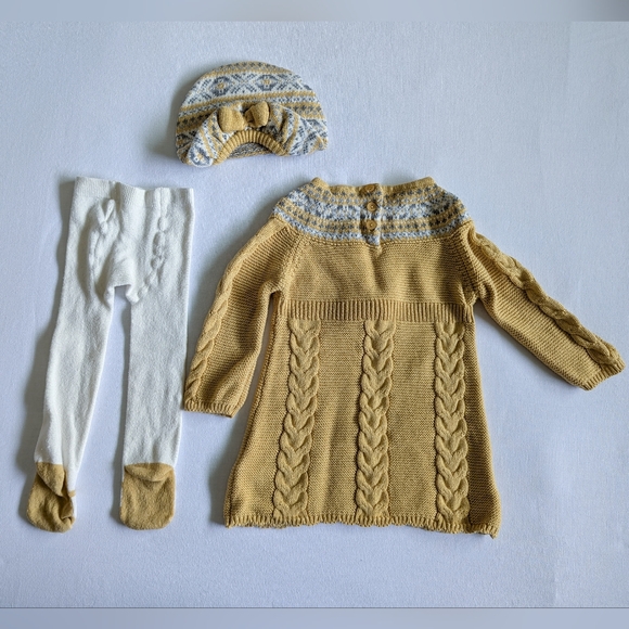 4/$15 Cynthia Rowley 6-9 month girl cable knit matching set tights dress hat - Picture 2 of 8